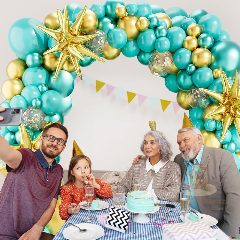 BalloonBuzz 140pcs Teal and Golden Balloons, Balloons Arch Kit | Confetti Latex Balloons Golden Star Foil Balloon for Birthday Anniversary Party Decorations (Teal Gold)