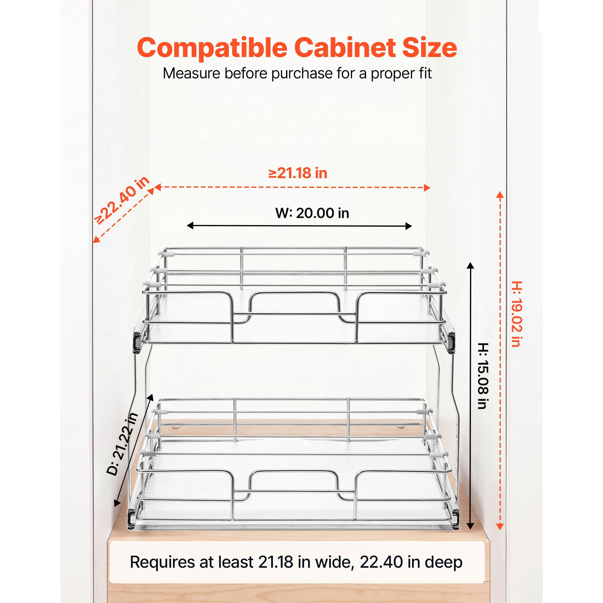 KFFKFF 2-Tier Pull-Out Cabinet Organizer, 20"W x 21.22"D Sliding Drawers for Kitchen, Bathroom, or Pantry Storage, Chrome-Plated Finish, Durable Steel Shelving for Base Cabinets