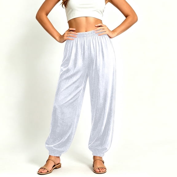 PInxai Yoga Pants for Women Elastic Waisted Baggy Pants Loose Comfy Casual Athletic Solid Color Pants Summer,White,XL