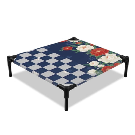 Peony Elevated Dog Bed Harmony Japanese Blue Check Buffalo Plaid Cooling Breathable Outdoor Raised Dog Cot Bed with Metal Frame Non-Slip Feet for Small Dog 20x20in