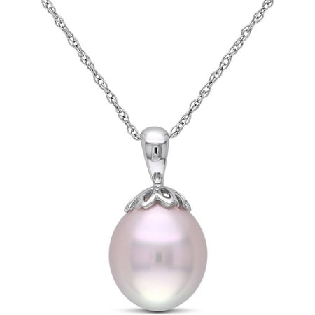 Tangelo 9-9.5mm Pink Rice Cultured Freshwater Pearl 10kt White Gold Fashion Pendant, 17