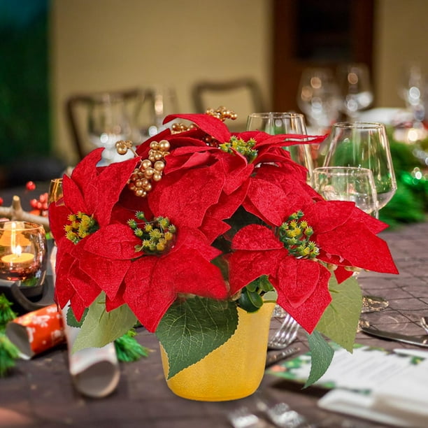 Poinsettia Artificiel Rouge Dans Pot Doré - Décoration De Noël Réaliste Pour La Maison - 7 Têtes