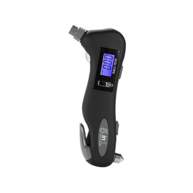 Fresh Fab Finds FFF-GPCT1565 5-in-1 Auto Digital Tire Pressure Gauge 150 PSI 4 Settings LED Flashlight Window Breaker Seat Belt Cutter Emergency Tools for Car Truck, Black - Unisex