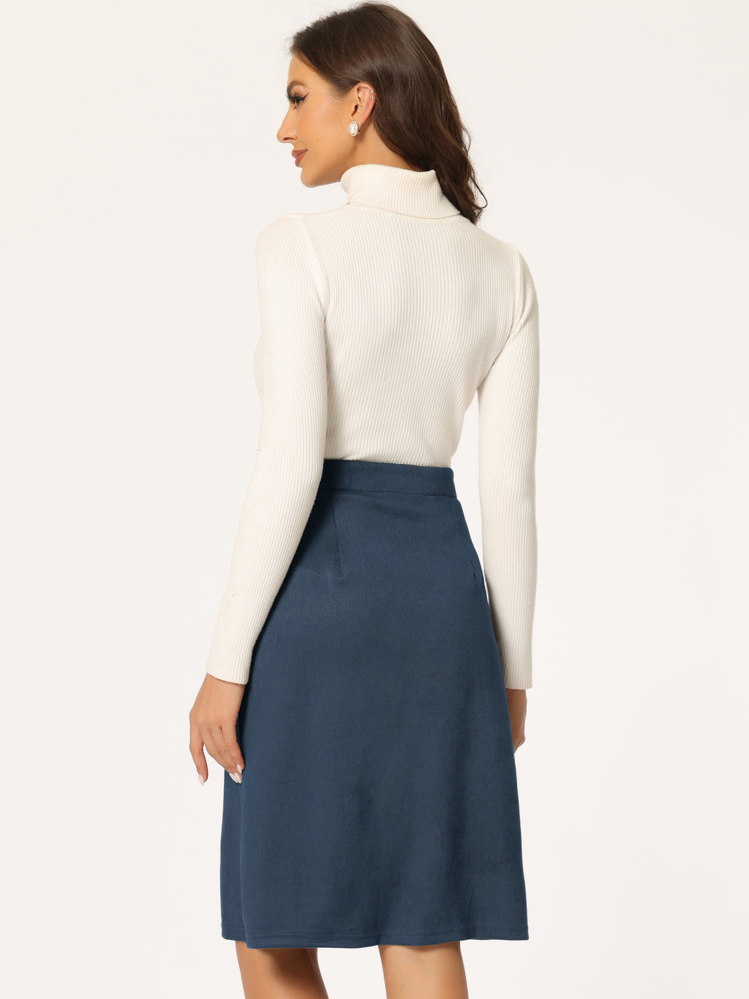 Unique Bargains Women's Suede Button Front Pockets Decor A-Line Skirts L Dark Blue