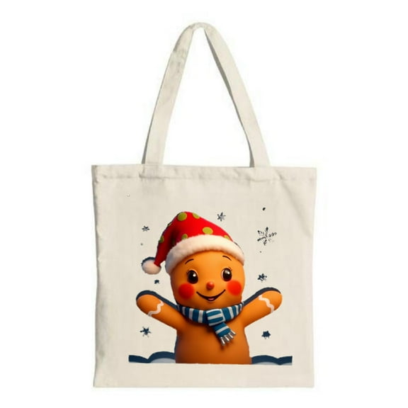 Cheerful Gingerbread Man Tote Bag - Festive Canvas Bag with Santa Hat & Scarf Perfect for Holiday Shopping & Parties