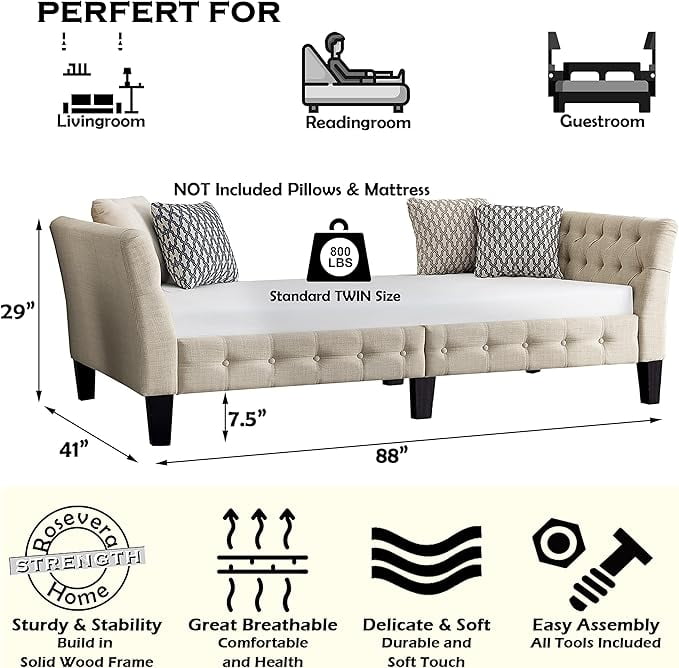 BSHTI Modern Upholstered Twin Daybed Frame Button Tufted Fine Polyester Easy aseemble with Wooden Legs,Beige