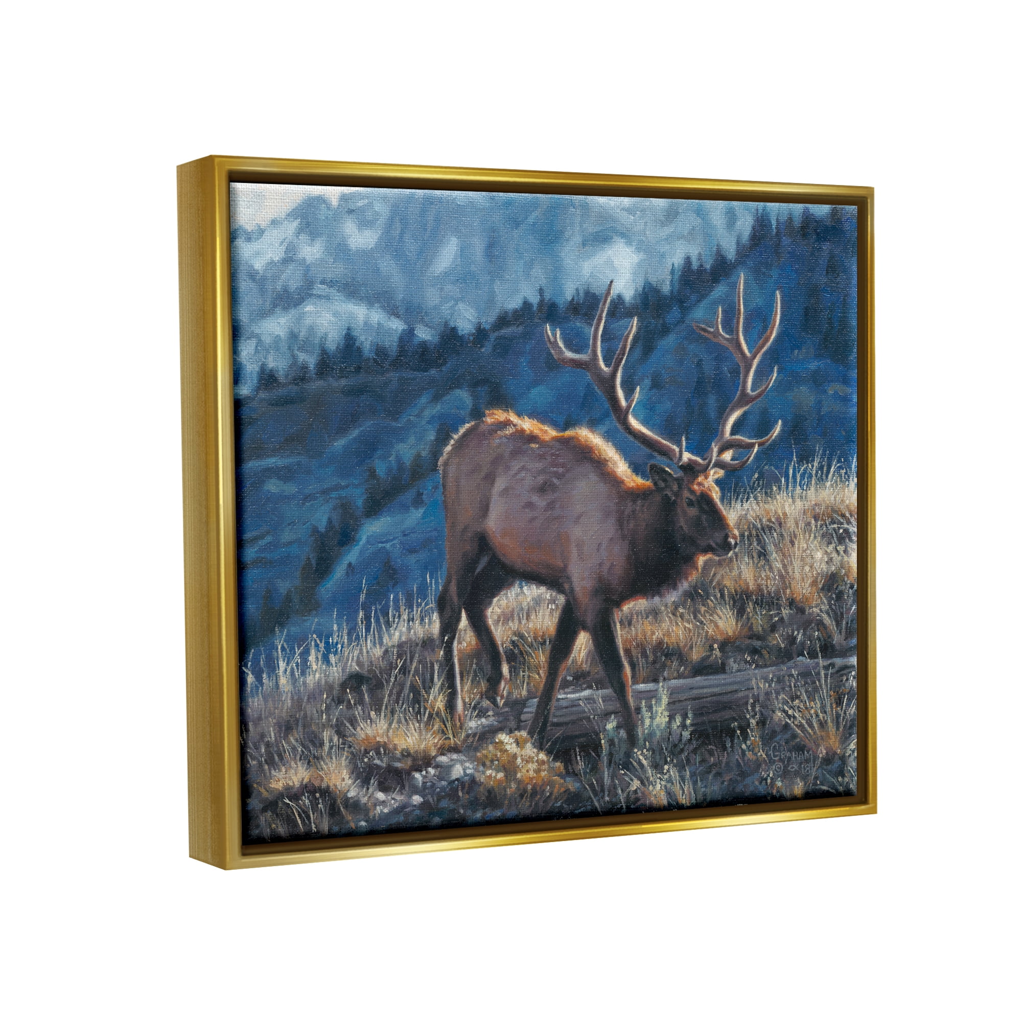 Stupell Industries Cross Country Elk Mountain View Animals & Insects Painting Gold Floater Framed Art Print Wall Art