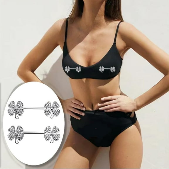 GHRTGR-14G Four Leaf Clover Nipple Rings for Women Girls Stainless Steel Sparkling CZ Straight Bar Barbell Nipple Studs Stylish Body Piercing Jewelry
