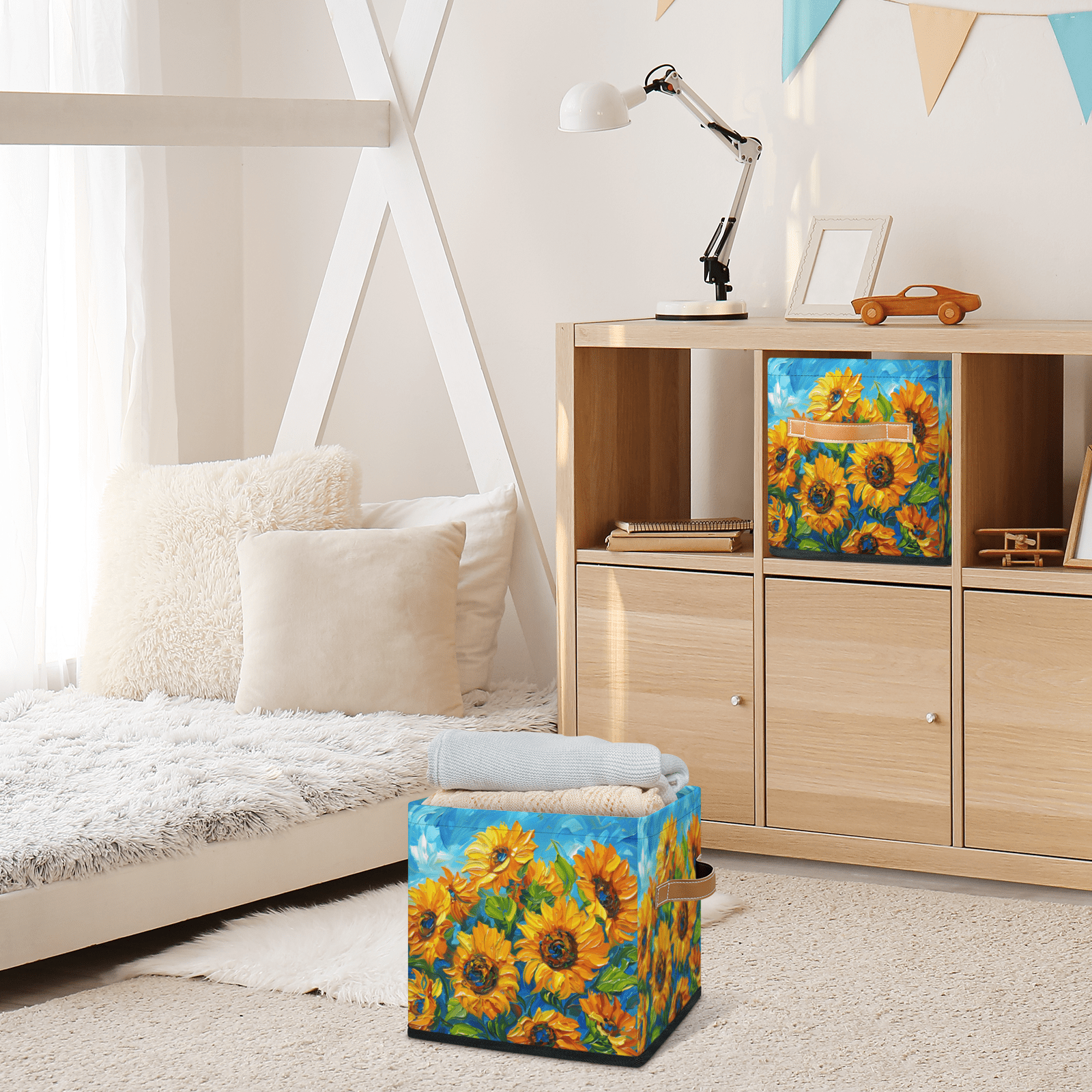 CURLYOOT Oil Painting Sunflower 11 x 11 Inch Cube Storage Bin, Fabric Storage Cube Foldable Basket with Leather Handles, Organizer Basket for Closet Shelves