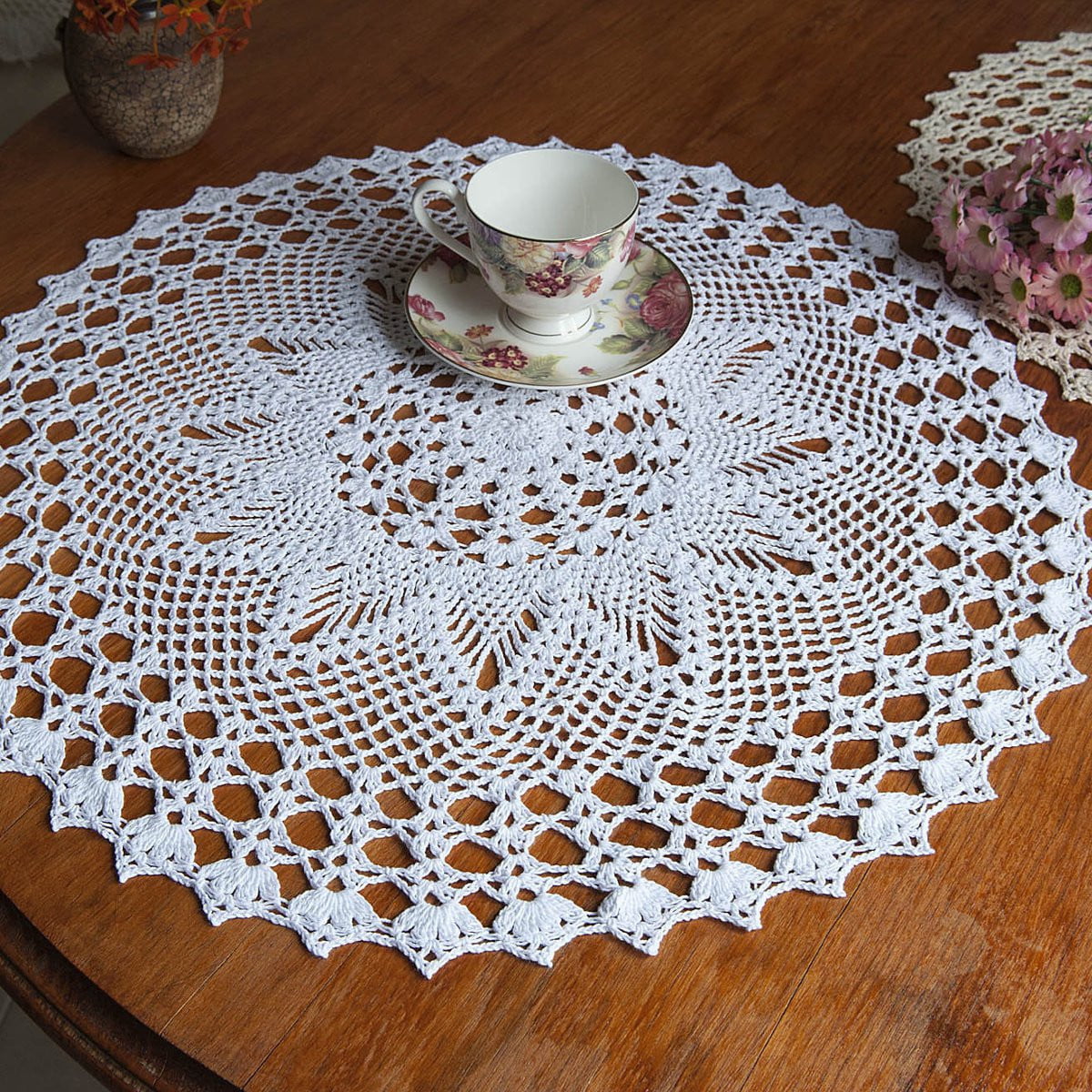 White Vintage Hand Crochet Doily Round Lace Table Topper Flower Tablecloth 20"