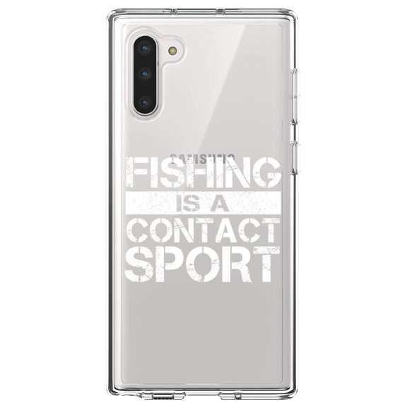 DistinctInk Clear Shockproof Hybrid Case for Samsung Galaxy Note 10 (6.3" Screen) - TPU Bumper Acrylic Back Tempered Glass Screen Protector - Fishing is a Contact Sport