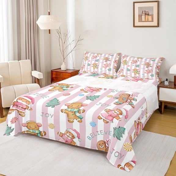 Manfei Kawaii Gingerbread Full Size Sheets 4-Piece for Girls, Merry Xmas Christmas Bed Sheets, Cute Pink Stripe Sheet Sets, Luxury Bedroom Decor