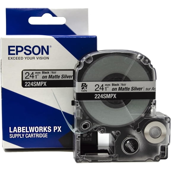 Epson LABELWORKS 224SMPX - Black on Silver Matte PET Label Maker Tape - 1" (24MM) Wide, 30'