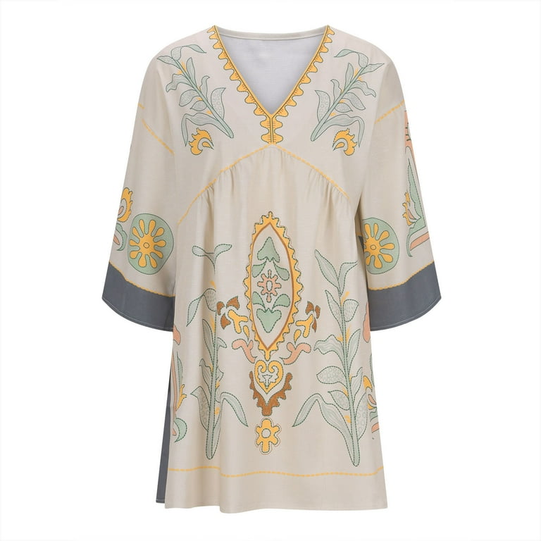 WXLWZYWL Womens Boho Embroidered Linen Blend Dress Loose Fit V-Neck Vintage  Embroidery Babydoll Dress - Walmart.com