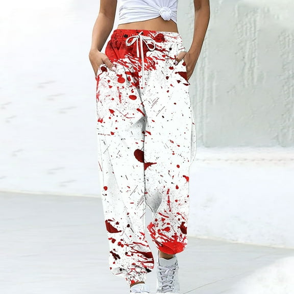 WXLWZYWL Halloween Sweatpants for Women Scary Bloody Splash Print Fleece Lined Bottoms Gym Workout Pants Halloween 2024 Fall Jogger Pants