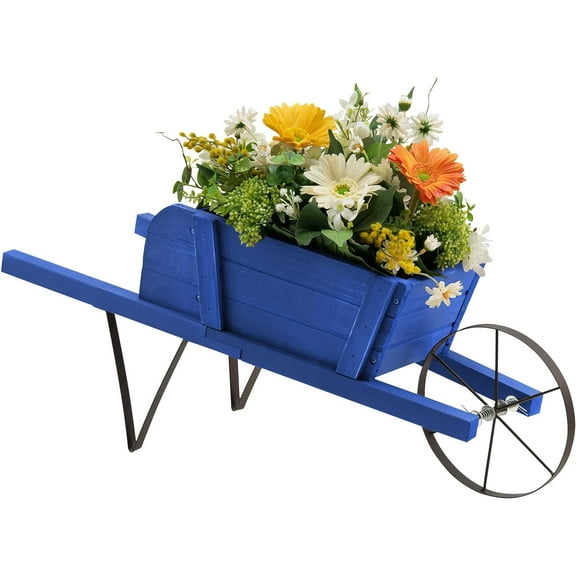 Wood Wheelbarrow Planter, Small Flower  Pot Wheelbarrow Cart with Metal Wheel & 9 Replaceable Magnet Accessories, Wooden Wagon Planter Wheelbarrow for Outdoor Garden Backyard (Blue)