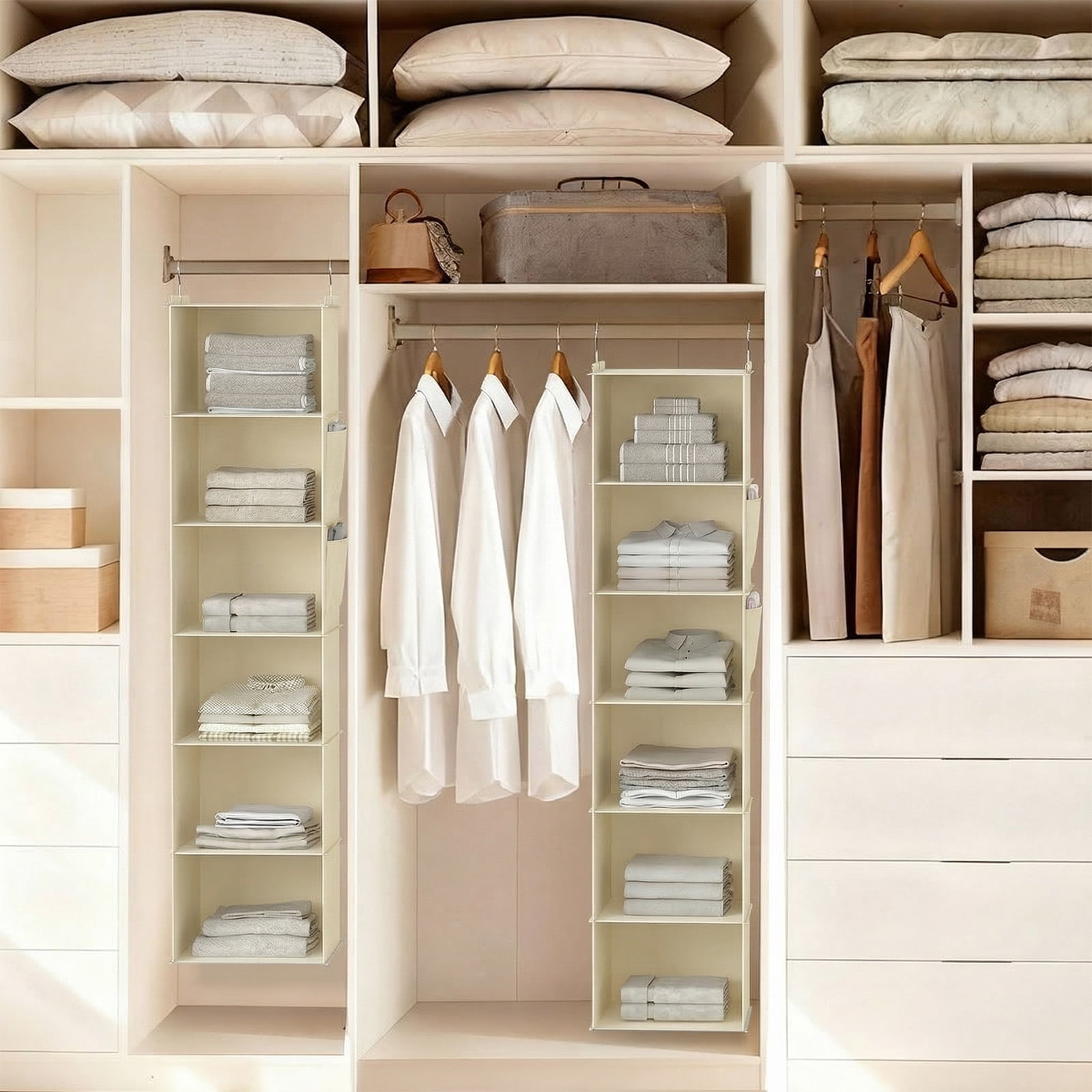 Closet Hanging Storage Shelves, 6-Shelf Hanging Closet Organizer with Bamboo Inserts, Foldable Closet Organizers and Storage for Bedroom,Sturdy Hook Closet Storage W/ 2 Side Pockets,Gray