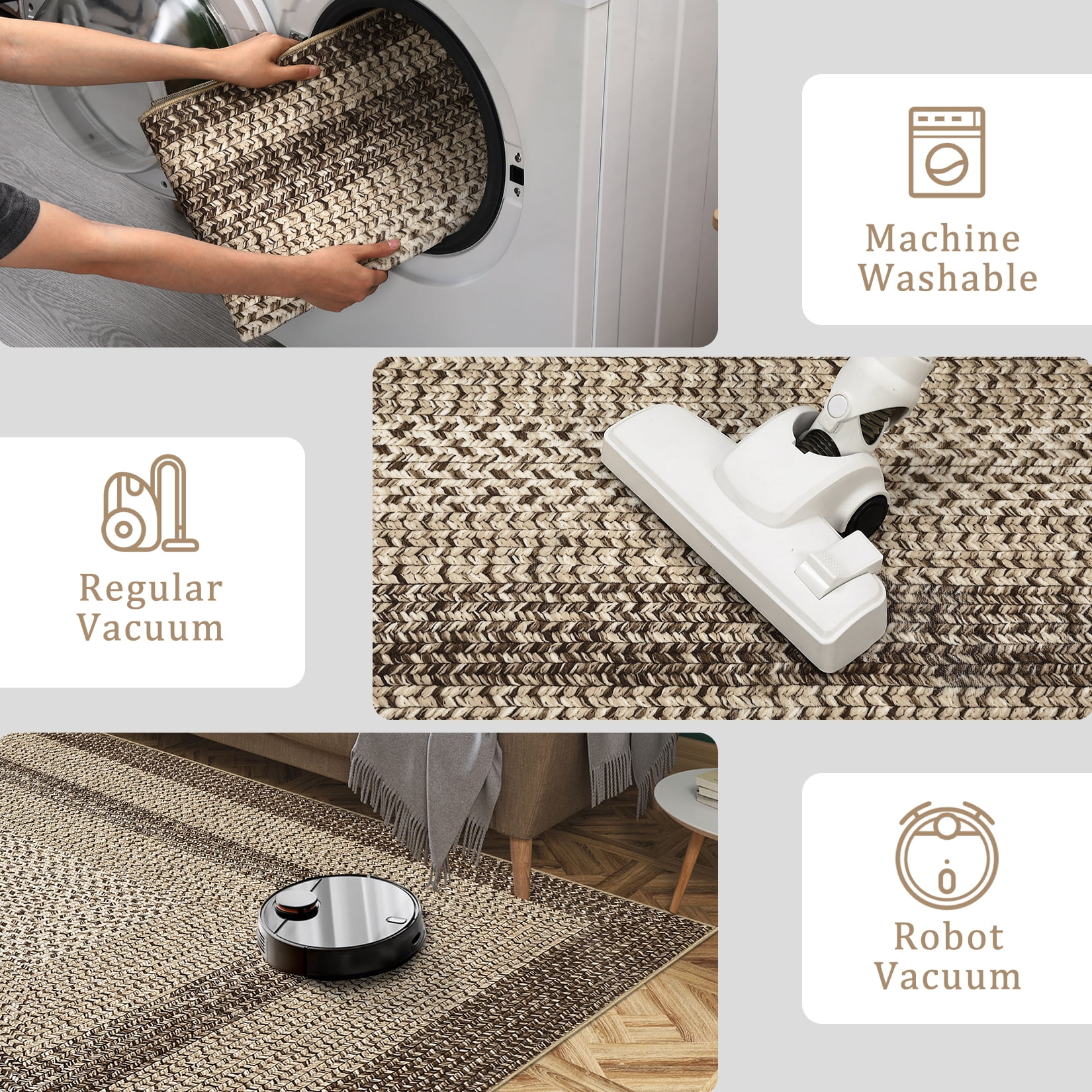 Garvee 9'x12' Printed Braided Rugs Farmhouse Bordered Carpet, Machine Washable Indoor Area Rug Non-Slip Low Pile Rugs for Living Room Bedroom Home Decor, Natural