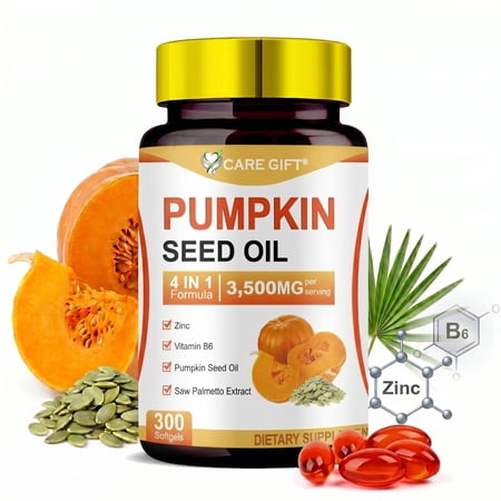 Pumpkin Seed Oil with Saw Palmetto, Zinc Vitamin B6, 3500mg 4-in-1 Advanced Formula, Cold Pressed Essential Fatty Supports Immune Hair Urinary Bladder Prostate Health, 300 Softgels