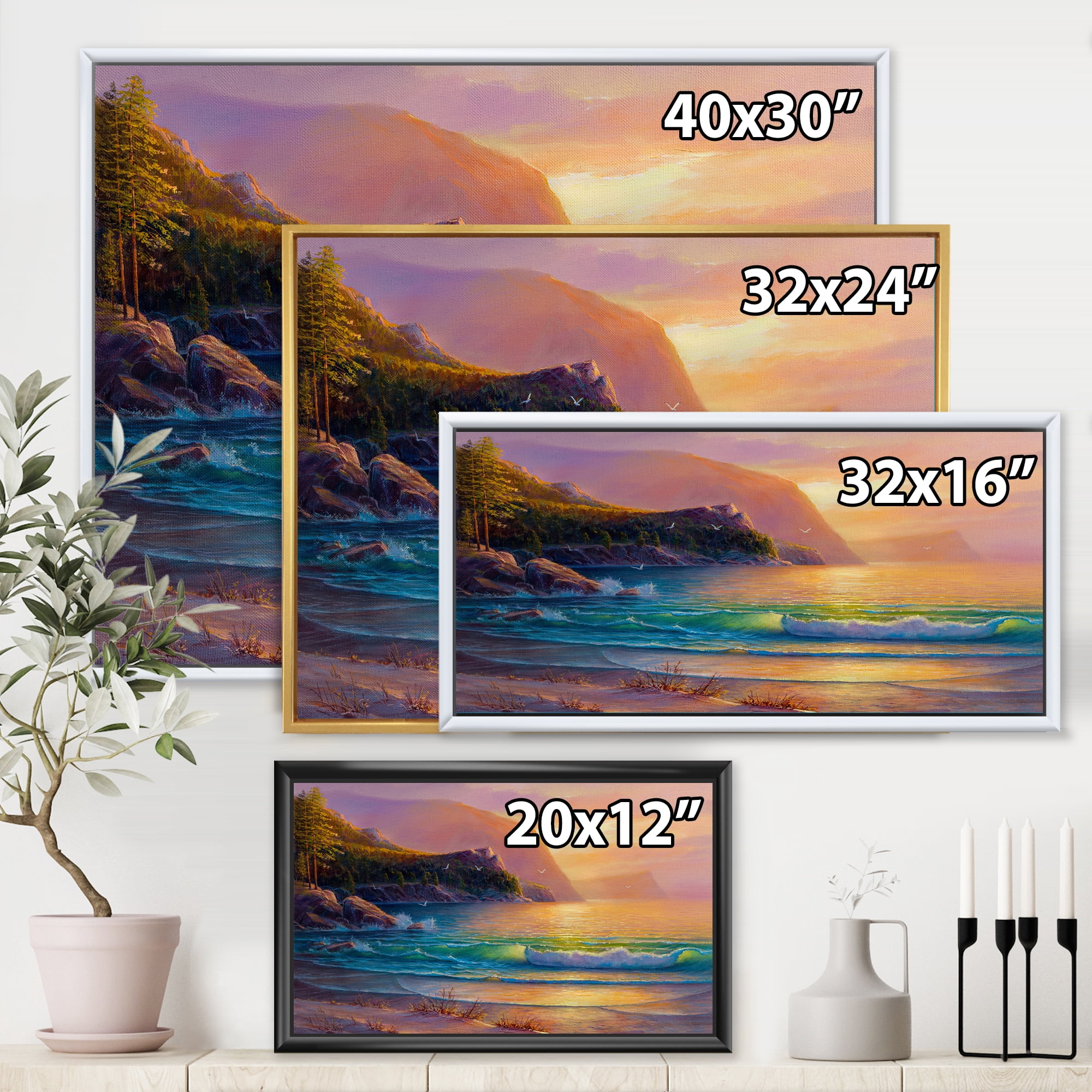 Designart 'Romantic Beach During Warm Evening' Nautical & Coastal Framed Canvas Wall Art Print