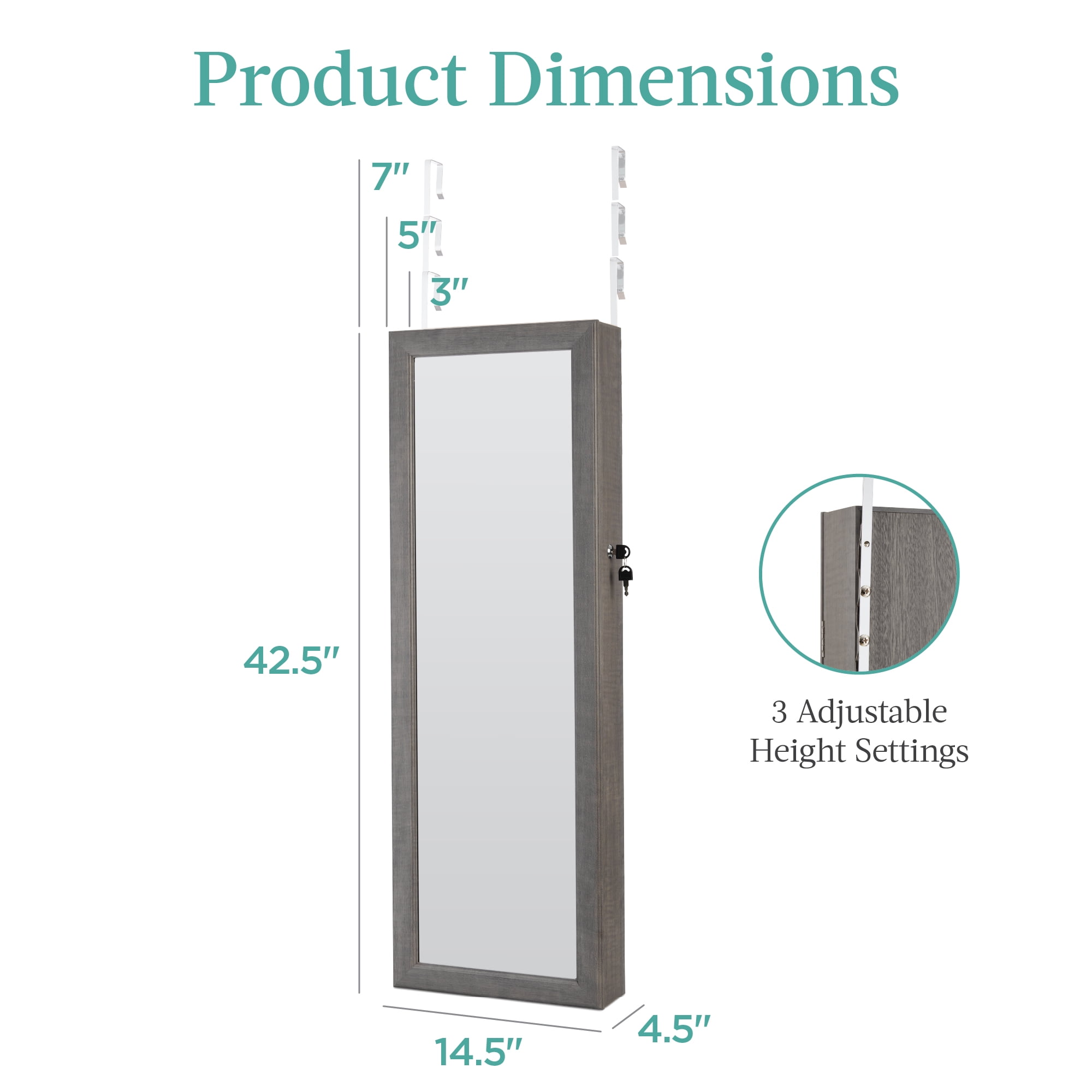 Best Choice Products Hanging Mirror Jewelry Armoire, Door or Wall Mounted Cabinet w/ LED Lights, Lock - Gray Oak