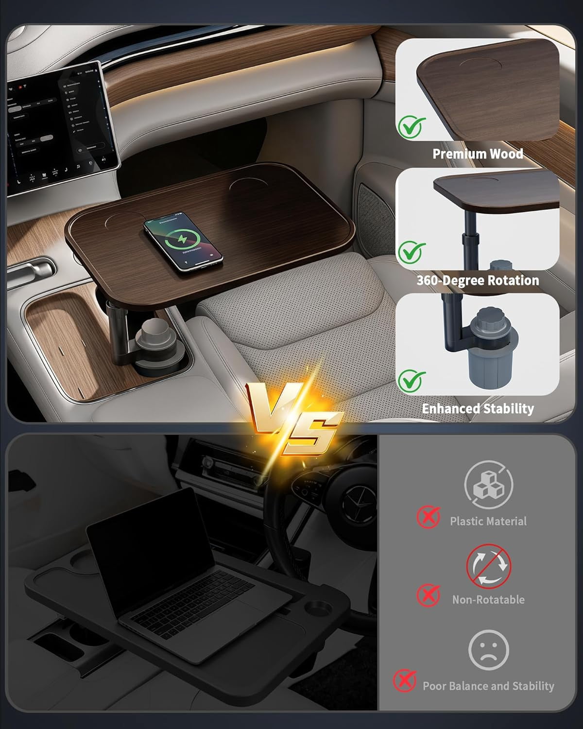 Car Desk for Laptop, Car Table & Car Tray with 360° Rotating Cup Holder, Adjustable Height Car Food Tray, As Car Table Tray or Car Seat Tray, Compatible with Tesla Model 3/Y/S, Ford / Most Vehicles