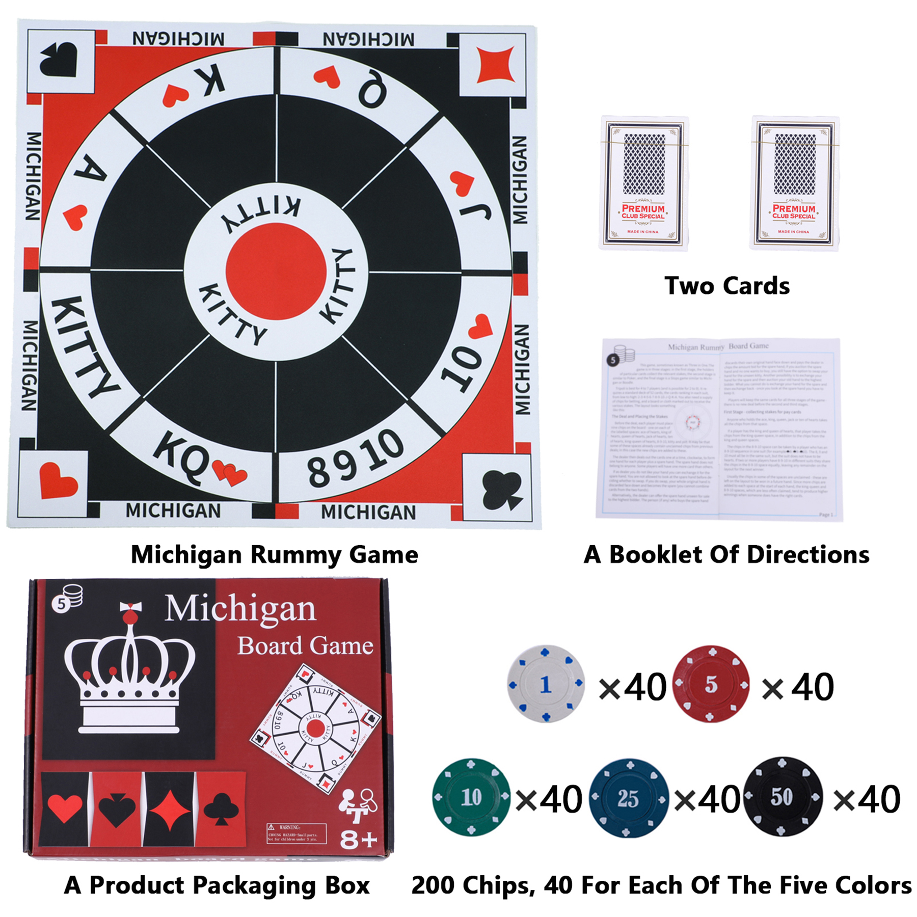 Grhonior Michigan Rummy Board Game Set Tripoley Felt Mat Foldable Original Combination of Joker Rummy Hearts and Poker Includes 2 Decks of Cards and 200 Numbered Poker Chips