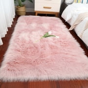 Ghouse Rectangular Pink Area Rug 4x6 feet, Thick and Fluffy Faux Sheepskin Machine Washable Rectangular Plush Carpet, Faux Sheepskin Rug for Living Room, Bedroom, Kids Room