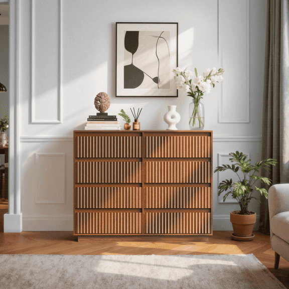 UPGO 52'' Fluted Dresser for Living Room, Bedroom, Hallway, Entryway with Deep 8 drawers, Wooden Dresser
