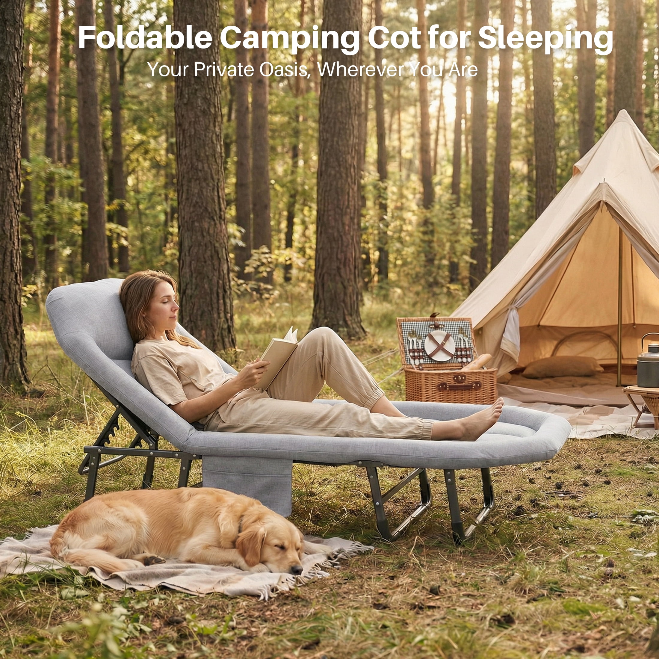 JIOABL Folding Camping Cot for Adults with Headrest & Mattress, 71 Inch Portable Sleeping Bed for Camping, Travel, Gray
