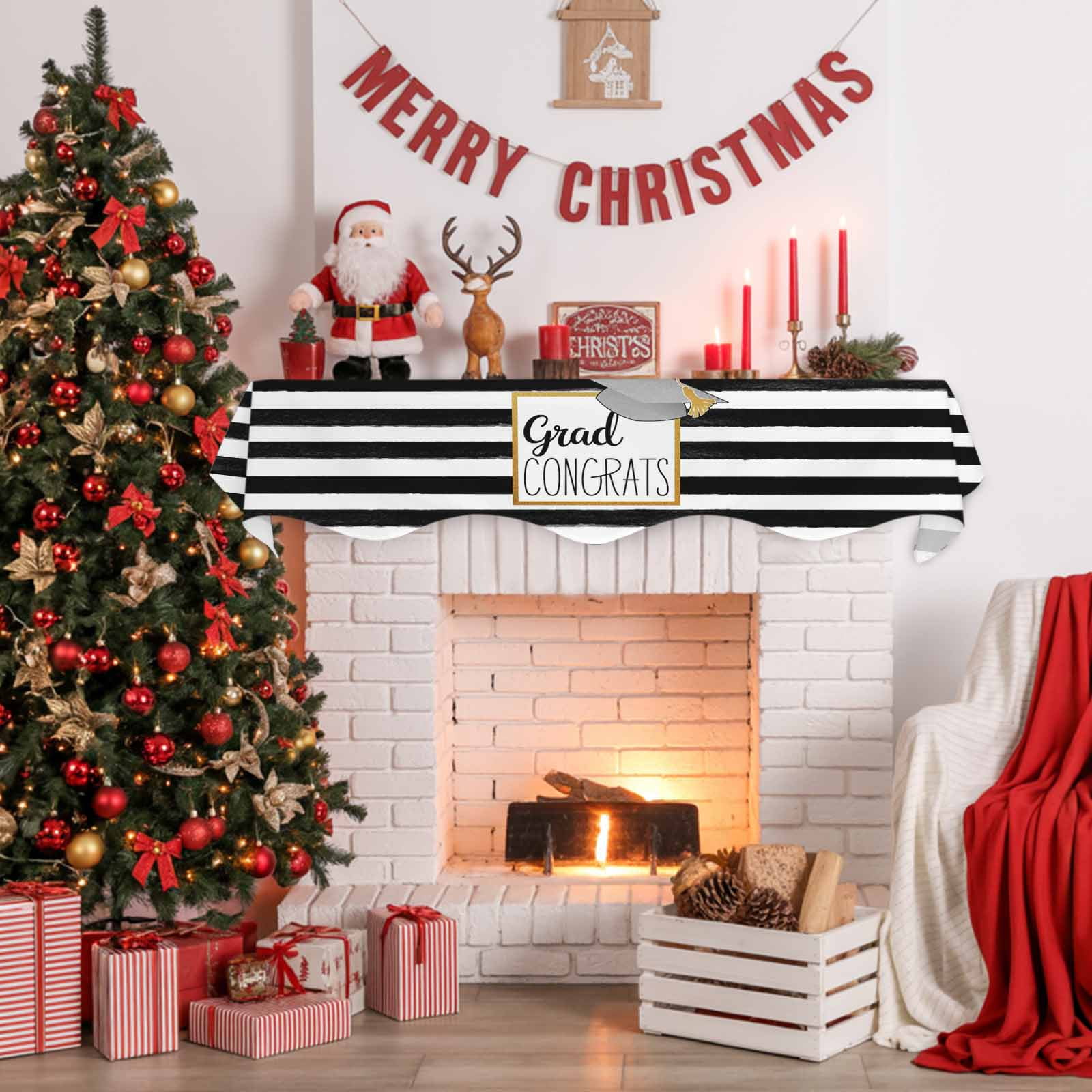 Graduation Trencher Cap Fireplace Mantel Scarf Table Runner, Farmhouse White Black Horizontal Stripes Winter Garland Mantel Top Tablerunners Dresser Scarves Cover Decor for Party Living Room 60"x17"