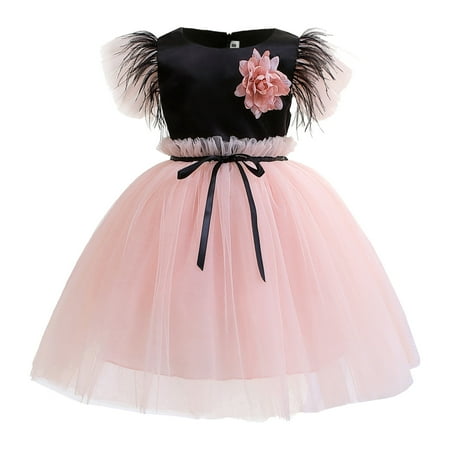 

Toddler Girls Dress Swing Leisure Feather Floral Feather Printed Toddler Baby Sundress Gifts To Child