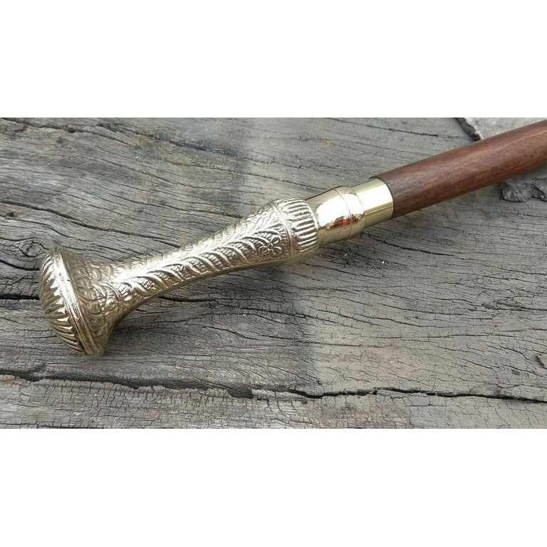 Antique Brass Handle Brown Wooden Walking Stick Cane Vintage Style Handmade  Gift