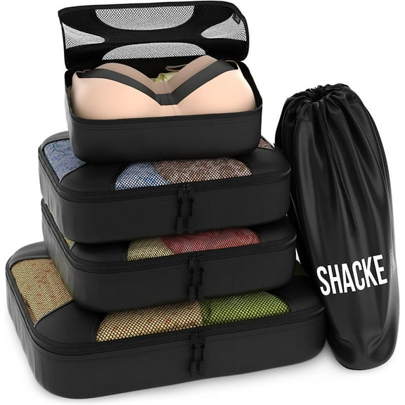 5 Set Packing Cubes - Travel Organizers with Laundry Bag (Black Mesh)