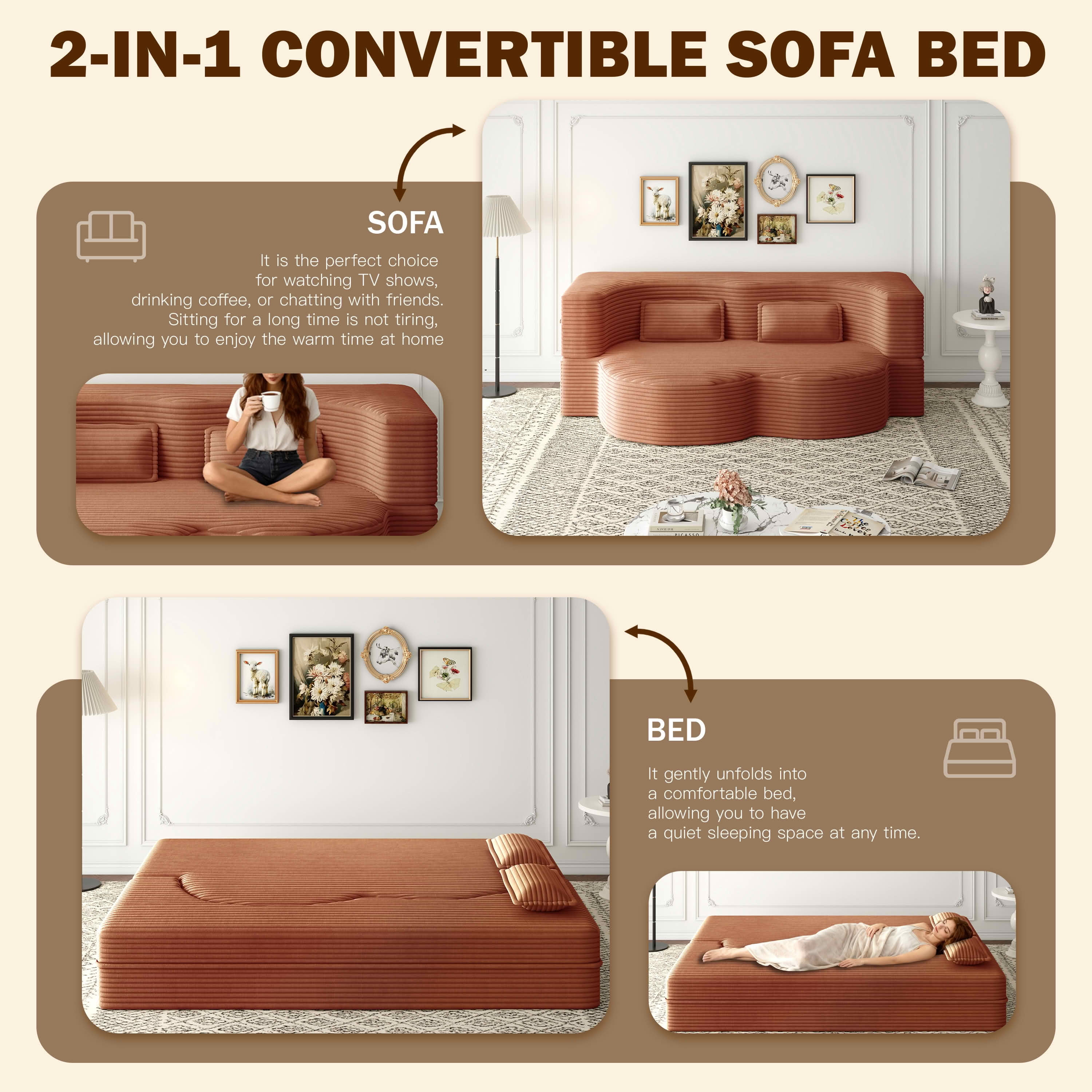 MAYEERTY Twin Corduroy Foldable Foam Floor Sofa Bed, Zero Assembly Vacuum Compressed Sleeper with 2 Pillows