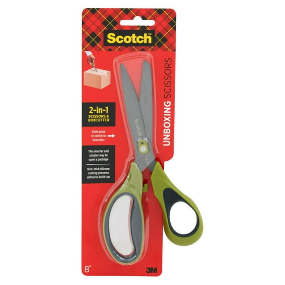 Scotch Scissors & Box Cutter 2-in-1, 8 inch, Non-Stick, Open Boxes, Mailers, Tubes, 1 Pair