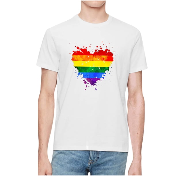 Hombres manga corta casual día de san valentín arco iris bandera corazón impresión cuello redondo pulóver camiseta blusa Pompotops oipoqjl4629