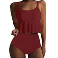 thumbnail image 3 of QIUOMBBP Peplum Tankini Set for Women Plus Size Two Piece Ruffle Tank Top with High Waisted Bottom Modest Summer Beach Bathing Suits Wine S, 3 of 6