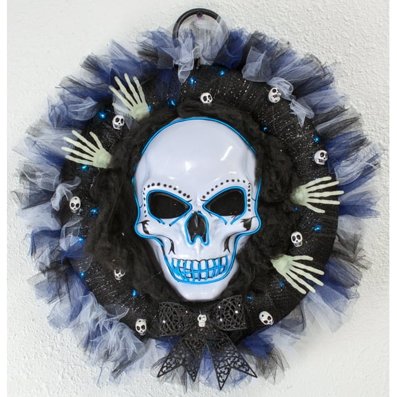 LED Lighted Skeleton Halloween Wreath with Glow in The Dark Hands and Door Hanger