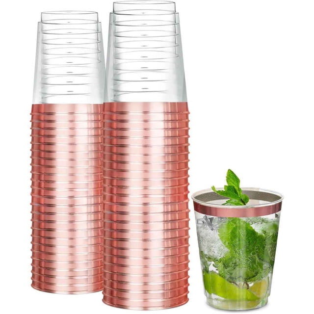 50 tazas Reutilizables, vasos transparentes, vaso Reutilizable con borde para cumpleaños, bodas, fiestas, elegantes tazas para vino, café, cóctel (Oro rosa-50PCS)