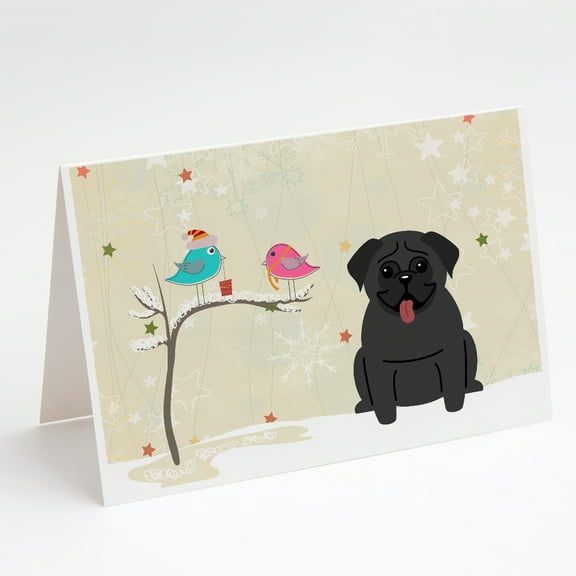 Christmas Presents between Friends Pug - Black Greeting Cards and Envelopes Pack of 8