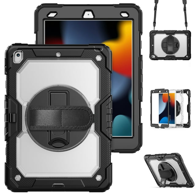 XYX For iPad 9th/8th/7th Generation 10.2 inch Case, 360 Rotating Shockproof Cover with Stand, Screen Protector, Shoulder Strap, Transparent