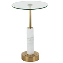 DecMode 14" x 22" White Marble Round Accent Table with Gold Metal Rod and Base, 1-Piece