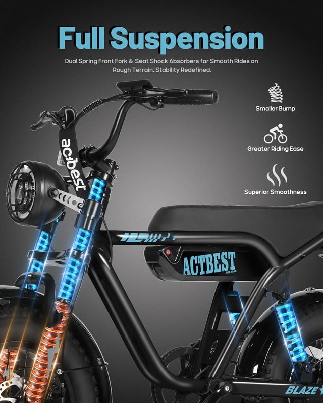 Blaze 16" Electric Bike for Adults/Teens, Peak 1200W 55 Miles 25Mph Full Suspension Fat Tire Electric Motorcycle,Black & Blue