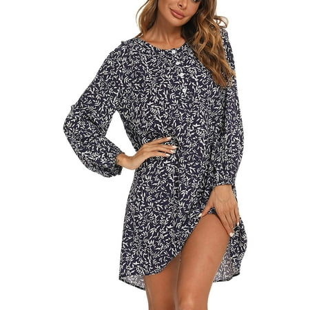 

Womens Cotton Nightgowns Long Sleeve Dress Soft Floral Nightdress S-XXL