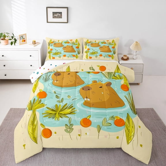 Manfei Cute Capybara 2pcs Bedding Comforter Set,Botanical Plants Twin Comforter Sets,Cartoon Animal Breathable Bedding Set,Super Cozy Kawaii Room Decorative,Reversible