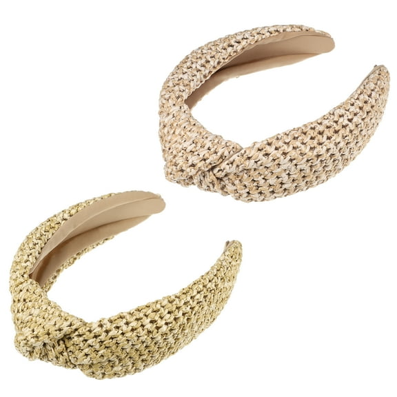 Unique Bargains 2 Pcs Straw Rattan Sponge Headband Bohemian Style Knotted Hair Hoop for Women and s Khaki Pink