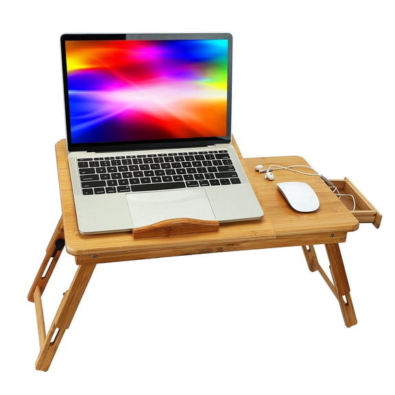 Bamboo Laptop Desk Adjustable Portable Breakfast Serving Bed Tray with Tilting Top Drawer for Surfing Reading Writing Eating