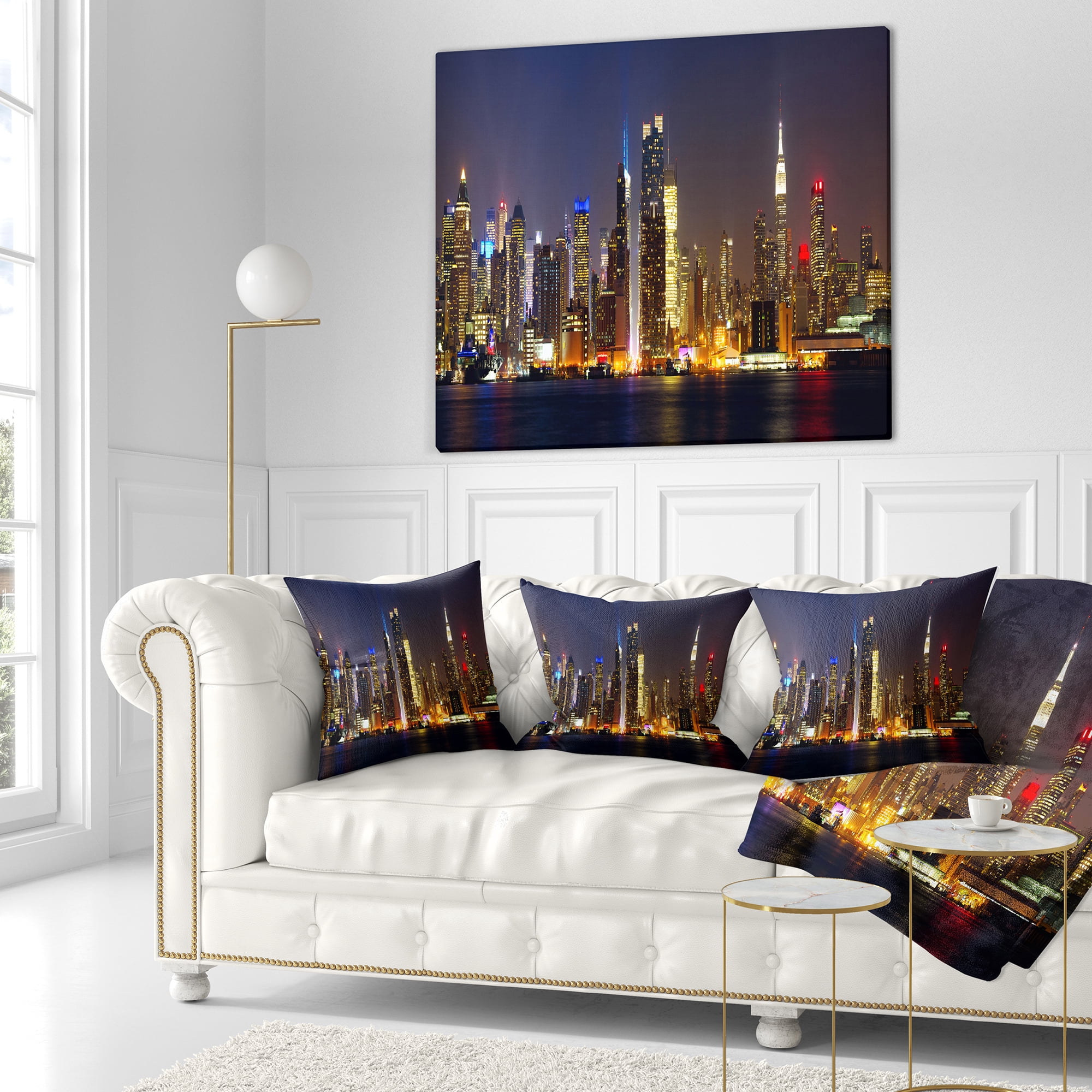 Designart New York Skyline at Night - Cityscape Photo Throw Pillow - 16x16