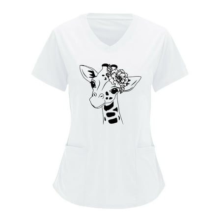 

Black Scrubs Tops For Women Stretch American Flag Print Short Sleeve V-Neck Solid Shirts Tops With Pockets